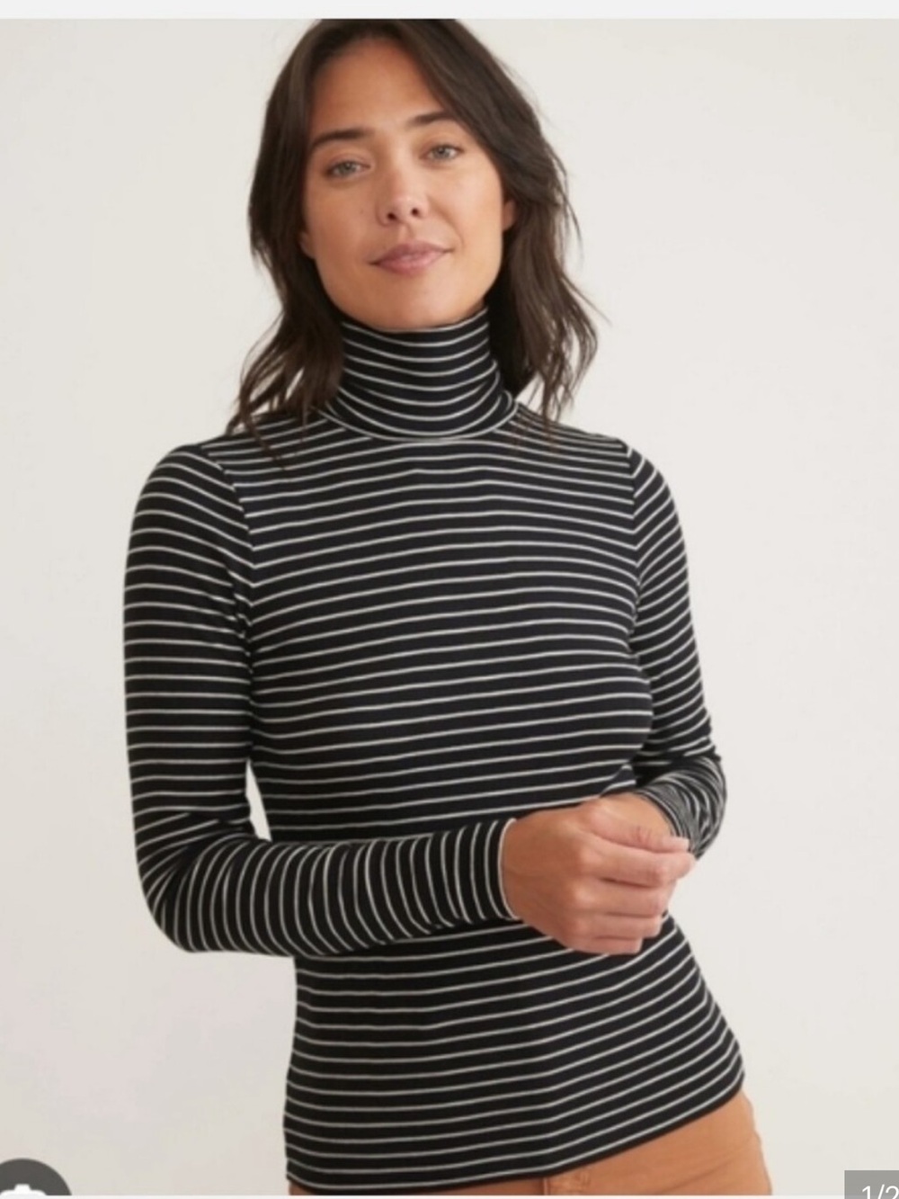 Marine Layer Black & White Striped Turtleneck Long Sleeve Tee
